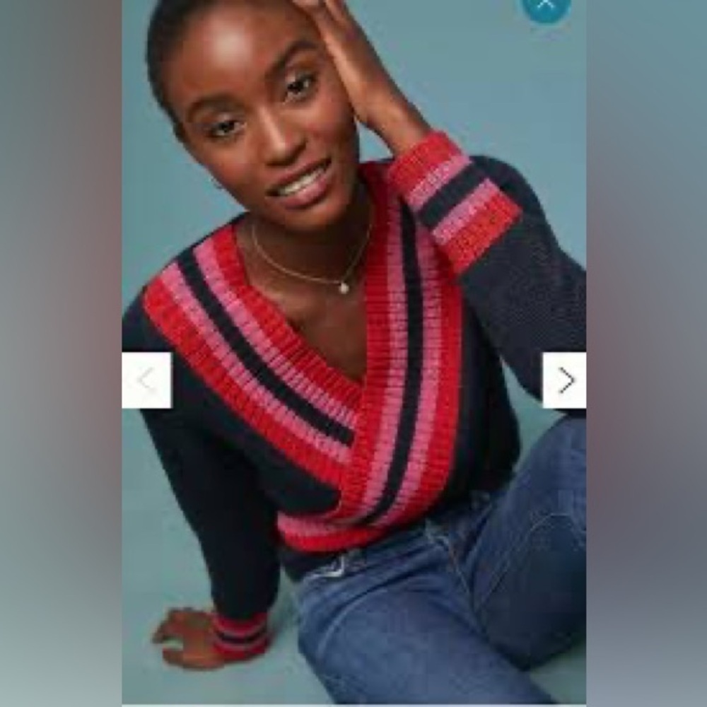Anthropologie C/MEO Collective Faux Wrap Pink Red Navy Knit V Neck Sweater XS - Picture 2 of 8